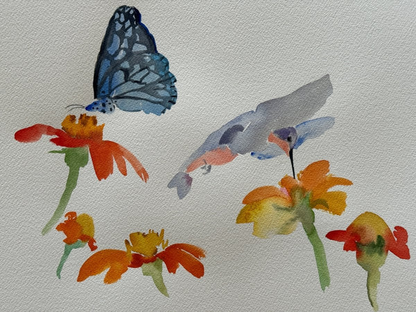 Blue Butterfly and Hummingbird | 9" h x 12" w - Liza Pruitt