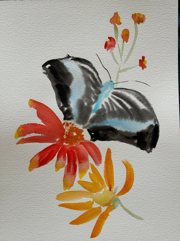 Blue Butterfly and Orange Flower | 14" h x 10" w - Liza Pruitt