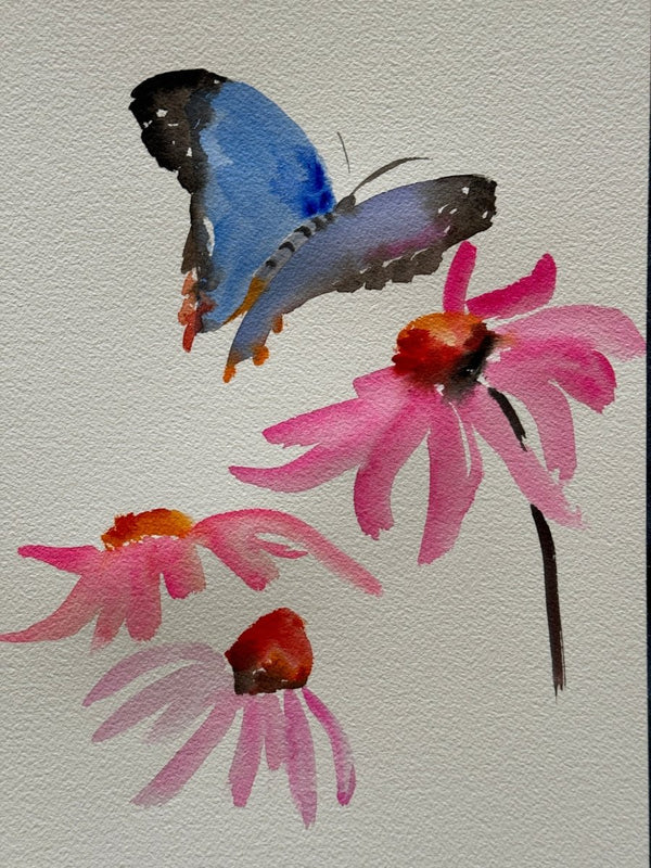 Blue Butterfly and Red Coneflower | 14" h x 10" w - Liza Pruitt