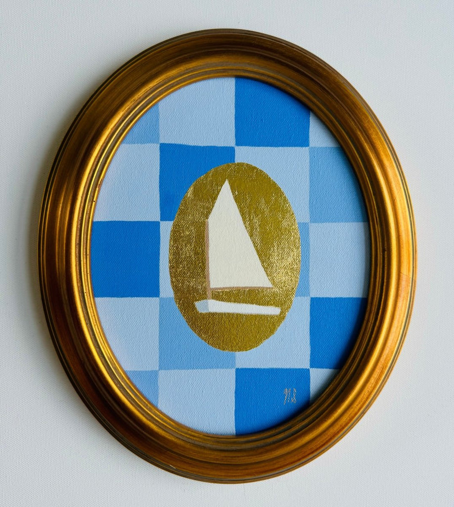 Blue Gingham & Cream Sail | 12.25" h x 10.25" w | Framed - Liza Pruitt