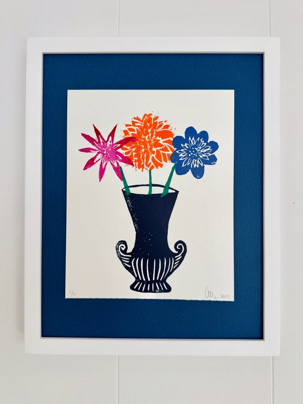 Dahlias on Blue | 14" h x 11" w | Framed - Liza Pruitt