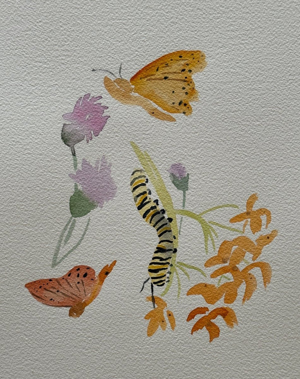 Orange Butterfly and Caterpillar | 14" h x 10" w - Liza Pruitt