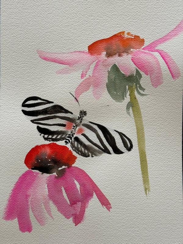 Striped Butterfly and Coneflower | 14" h x 10" w - Liza Pruitt