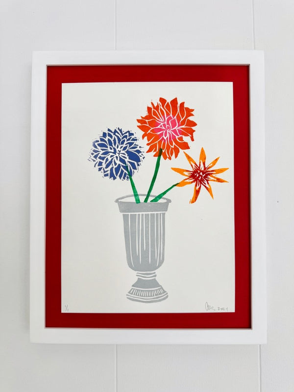 Three Dahlias on Red | 14" h x 11" w | Framed - Liza Pruitt