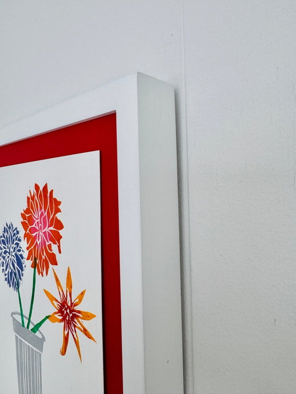 Three Dahlias on Red | 14" h x 11" w | Framed - Liza Pruitt